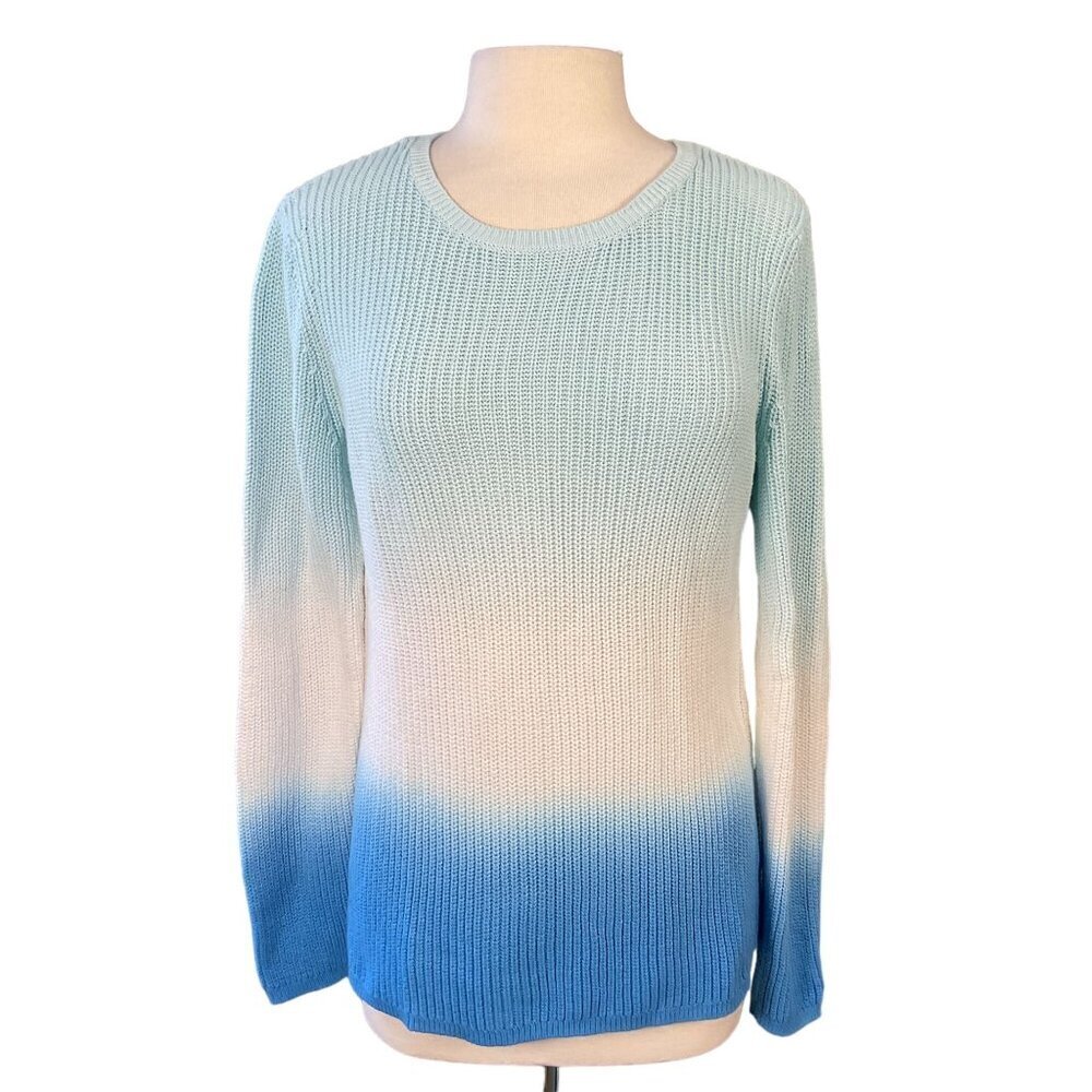 Talbots Shaker Stitch Blue Ombre Dip Dye Pullover Cotton Sweater Ladies Large